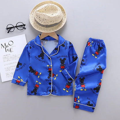 Disney Mickey Mouse Children Pajamas Suit Silk Satin Long Sleeve Top+Trousers 2Pcs Baby Boys Girls Cartoon Satin Set Nightgown