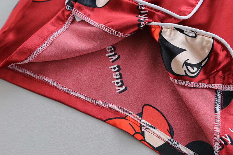 Disney Mickey Mouse Children Pajamas Suit Silk Satin Long Sleeve Top+Trousers 2Pcs Baby Boys Girls Cartoon Satin Set Nightgown