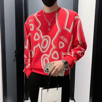 Spring Autumn New Fashion Cotton Printed T-Shirts Men's Clothing Casual Loose Tees Pullovers Korean Style O Neck Long Sleeve Top