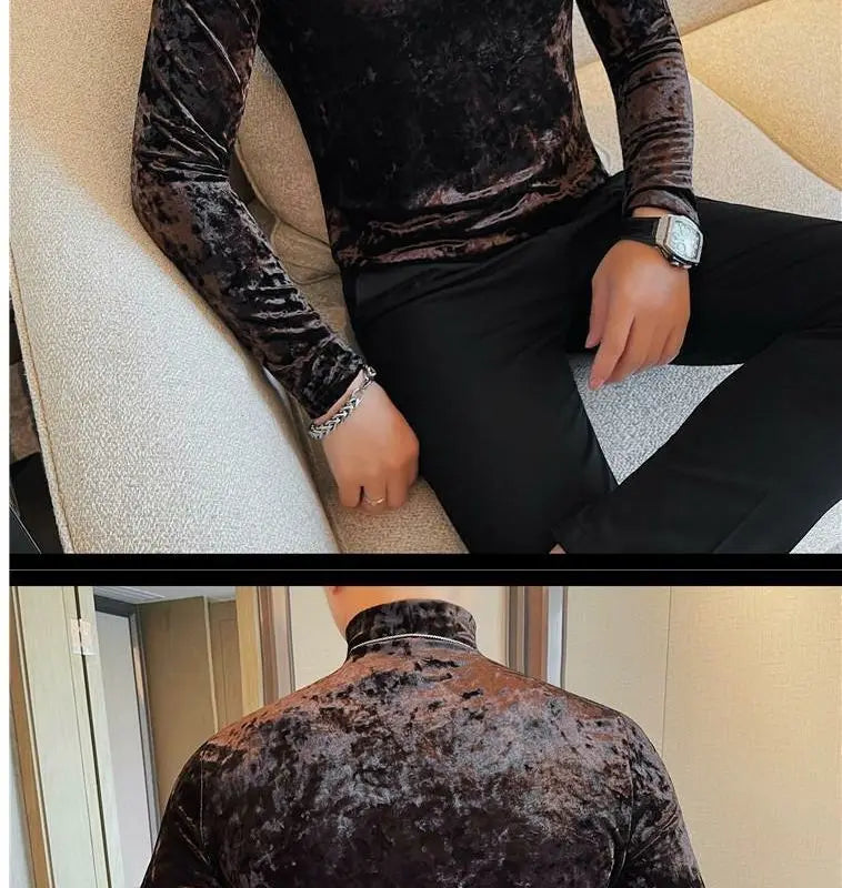 Korean Fashion Men Velvet T-Shirts Spring Autumn Mock Neck Solid Trend Versatile Long Sleeve Loose Pullovers Bottoming Shirt Top