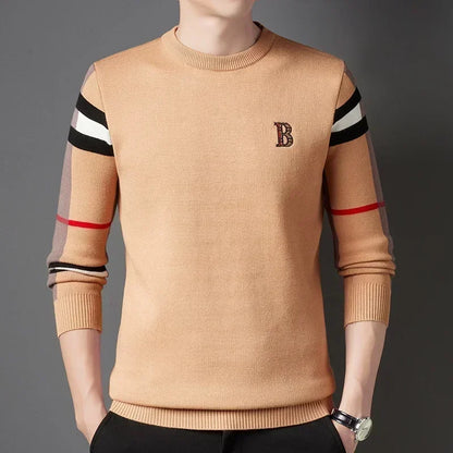 Men's Sweater Knitted Pullover Soft Warm Striped Checker Round Neck  Casual Fashion