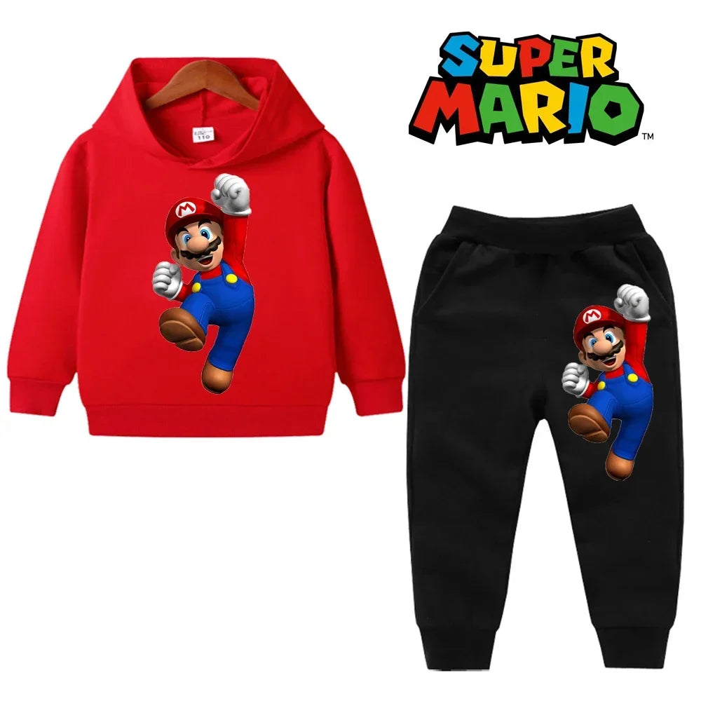 uper Mario Bros Boy Girl Hoodie Suit Spring Autumn Kids Hooded Sportswear Setspants Boys Pokemon Clothes 2-14 Years Children's