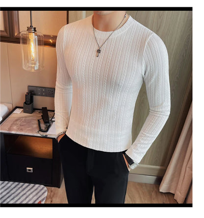 Spring Autumn Men's O-Neck Casual T-Shirts Fashion Slim Fit Long Sleeve Solid Color Tees Tops Men Elastic Stripe Pullover Tshirt