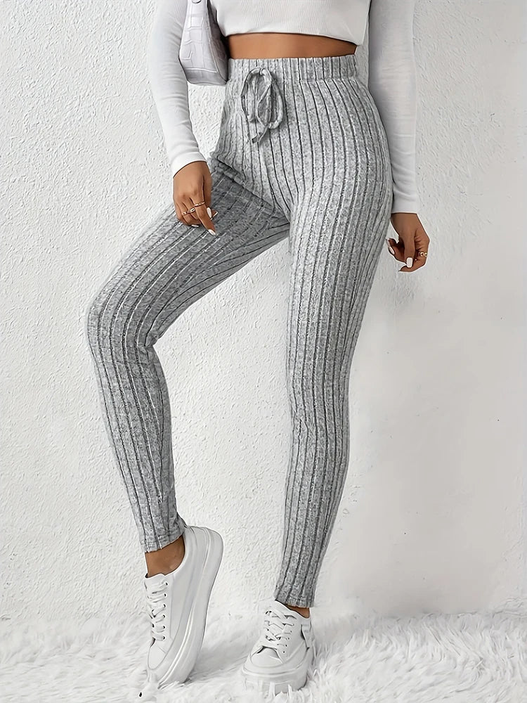 Autumn Warm Drawstring Striped Solid Color Women Leggings Elastic Slim Sports Legging Fashion Daily Woman Comfortable Clothes