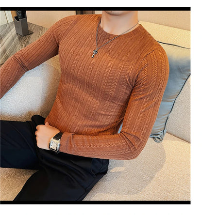 Spring Autumn Men's O-Neck Casual T-Shirts Fashion Slim Fit Long Sleeve Solid Color Tees Tops Men Elastic Stripe Pullover Tshirt