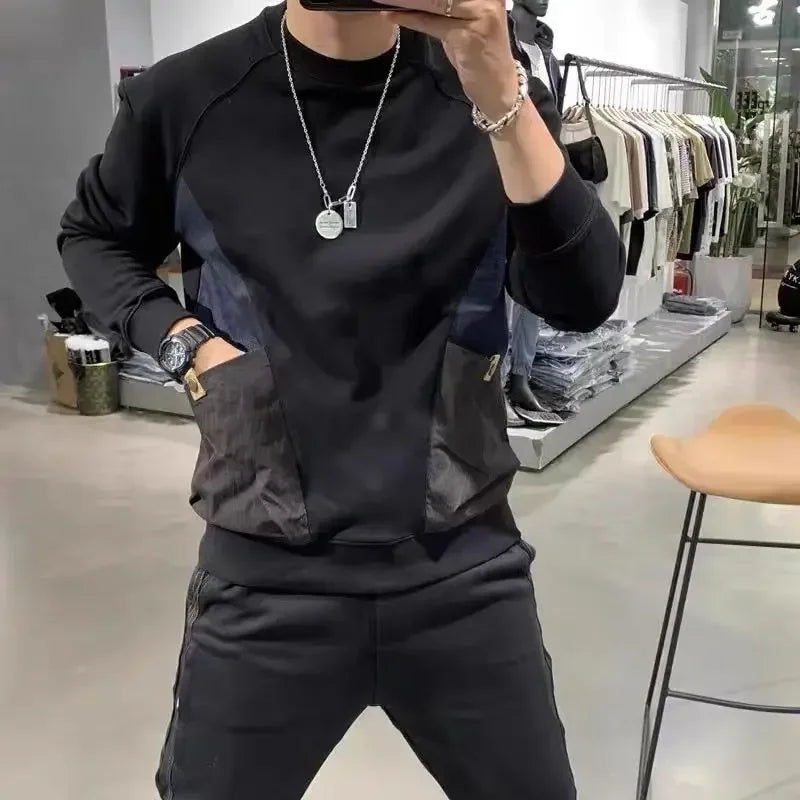 T Shirt for Man Tight Top Spliced Black Sweatshirts New Rock Slim Fit Size Winter High Brand Full Sleeve