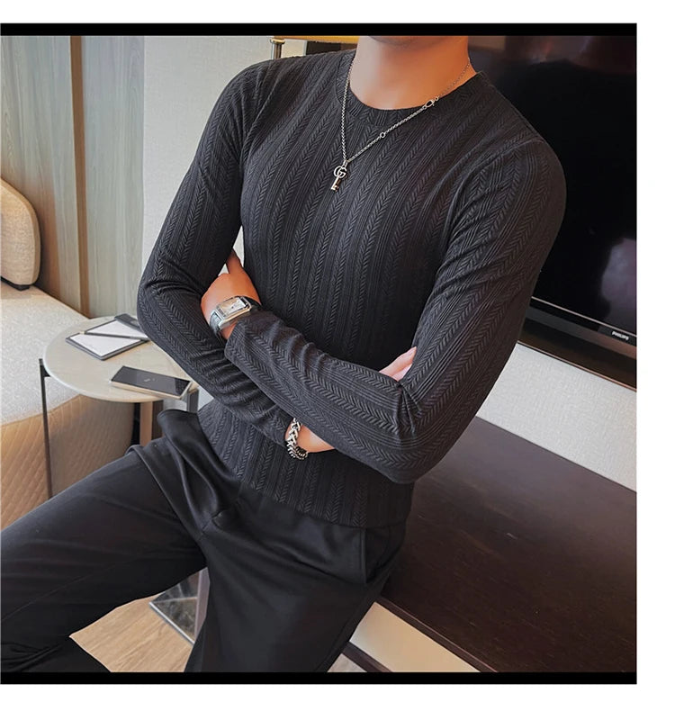 Spring Autumn Men's O-Neck Casual T-Shirts Fashion Slim Fit Long Sleeve Solid Color Tees Tops Men Elastic Stripe Pullover Tshirt