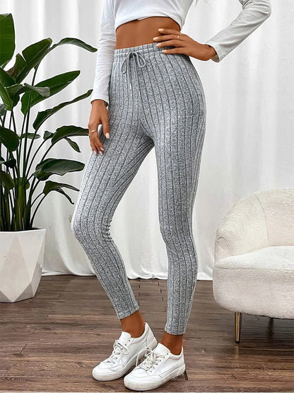 Autumn Warm Drawstring Striped Solid Color Women Leggings Elastic Slim Sports Legging Fashion Daily Woman Comfortable Clothes