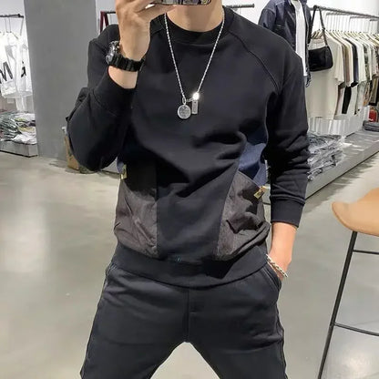 T Shirt for Man Tight Top Spliced Black Sweatshirts New Rock Slim Fit Size Winter High Brand Full Sleeve