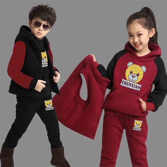 Warm Set Children's Hooded Cartoon Solid Colour 3 Pcs Girls Sweatshirt Cute Casual Suit 4-12Y