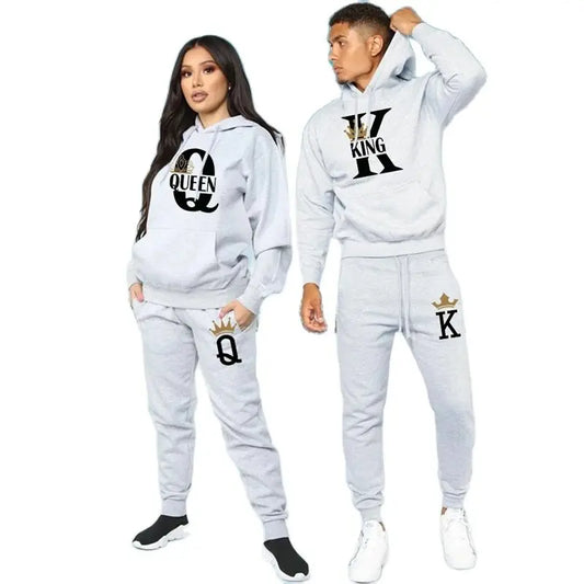 Winter Men's and Women's Sweater Set KING QUEEN Loose Relaxed Hooded Print Couple Set