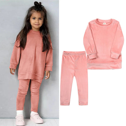 2024 Spring Kids Girl Velvet Suit Long Sleeve Pants Solid Clothes For Infant lover Sweatshirt Set Teenage Outfits