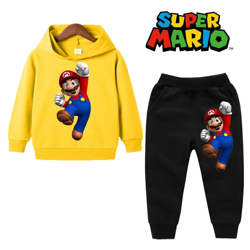 uper Mario Bros Boy Girl Hoodie Suit Spring Autumn Kids Hooded Sportswear Setspants Boys Pokemon Clothes 2-14 Years Children's