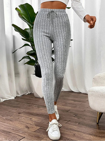 Autumn Warm Drawstring Striped Solid Color Women Leggings Elastic Slim Sports Legging Fashion Daily Woman Comfortable Clothes