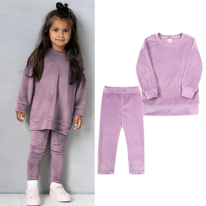 2024 Spring Kids Girl Velvet Suit Long Sleeve Pants Solid Clothes For Infant lover Sweatshirt Set Teenage Outfits