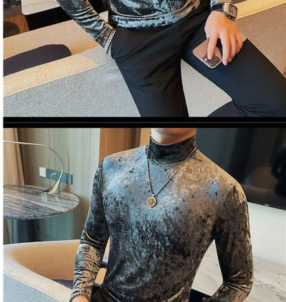 Korean Fashion Men Velvet T-Shirts Spring Autumn Mock Neck Solid Trend Versatile Long Sleeve Loose Pullovers Bottoming Shirt Top