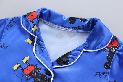 Disney Mickey Mouse Children Pajamas Suit Silk Satin Long Sleeve Top+Trousers 2Pcs Baby Boys Girls Cartoon Satin Set Nightgown