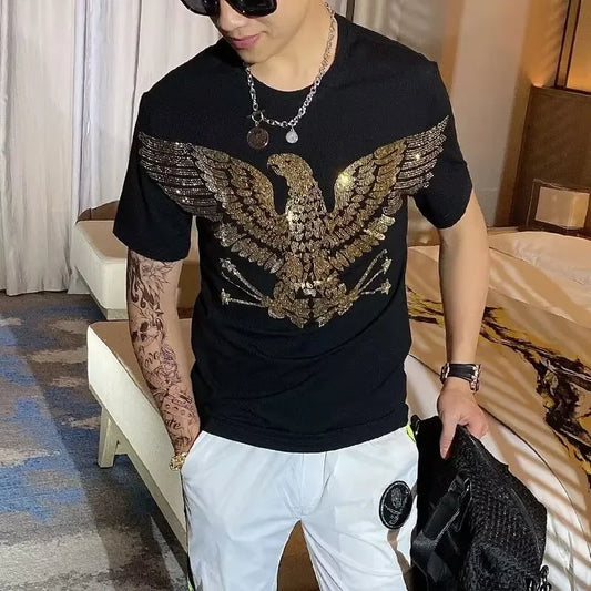 S-6XL Streetwear Men Diamonds Summer Mens Rhinestones   anime Graphic  T Shirt Male  Fashion  cotton Tees Casual   Tops