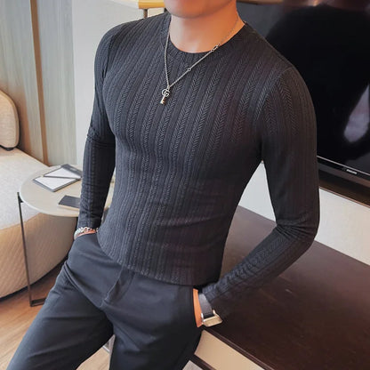 Spring Autumn Men's O-Neck Casual T-Shirts Fashion Slim Fit Long Sleeve Solid Color Tees Tops Men Elastic Stripe Pullover Tshirt