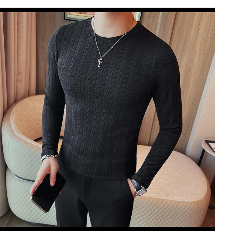 Spring Autumn Men's O-Neck Casual T-Shirts Fashion Slim Fit Long Sleeve Solid Color Tees Tops Men Elastic Stripe Pullover Tshirt