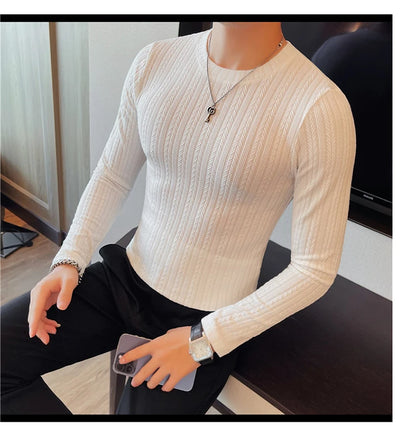 Spring Autumn Men's O-Neck Casual T-Shirts Fashion Slim Fit Long Sleeve Solid Color Tees Tops Men Elastic Stripe Pullover Tshirt