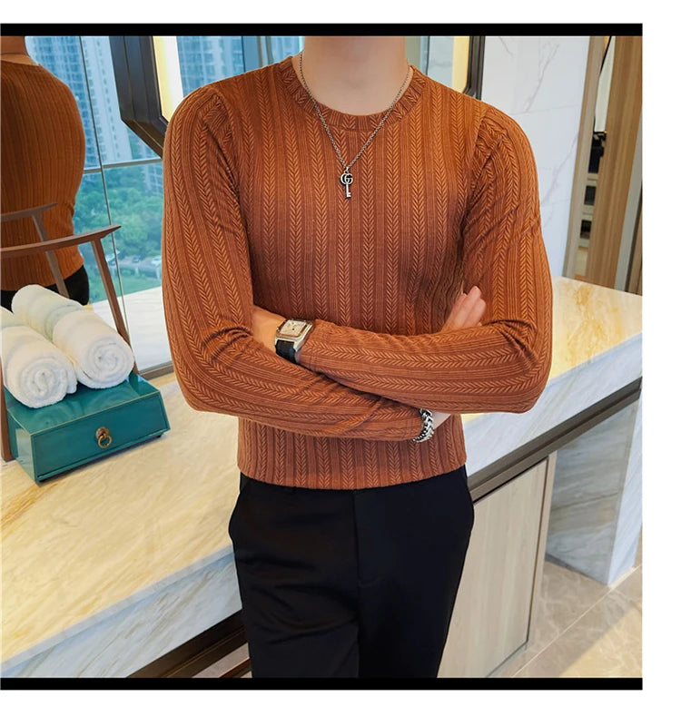 Spring Autumn Men's O-Neck Casual T-Shirts Fashion Slim Fit Long Sleeve Solid Color Tees Tops Men Elastic Stripe Pullover Tshirt