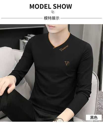 Korean Fashion Elegant Autumn T-shirt Men Loose Casual Sports Chic Solid Color Tee Y2K Hipster Street Casual Top Male Clothes