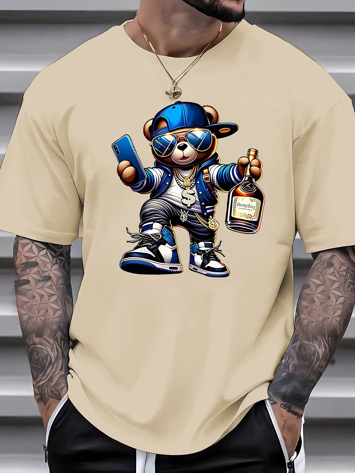 Street Style Bear Print T-shirt, Men's T-shirt, Summer Casual And Comfortable Short Sleeved T-shirt