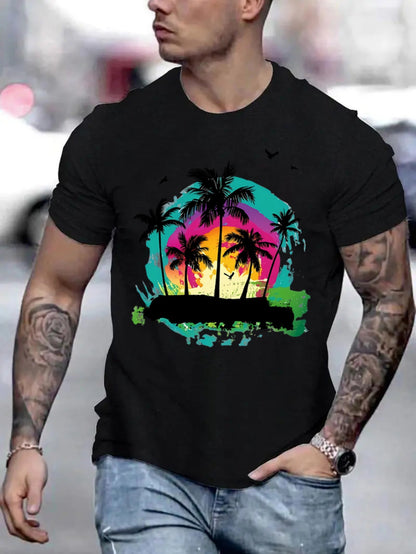 Tropical Pattern Printed T-shirt, Men's T-shirt, Summer Casual Short Sleeved T-shirt